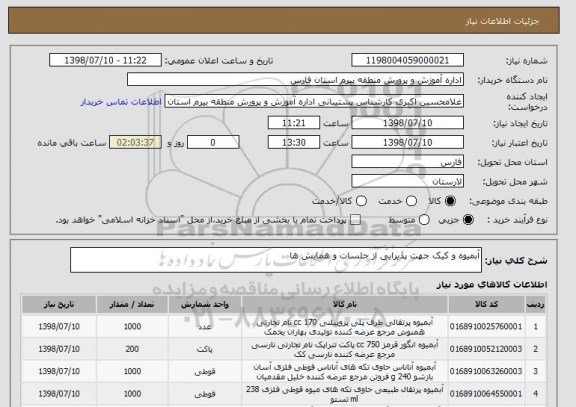 استعلام آبمیوه و کیک جهت پذیرایی از جلسات و همایش ها