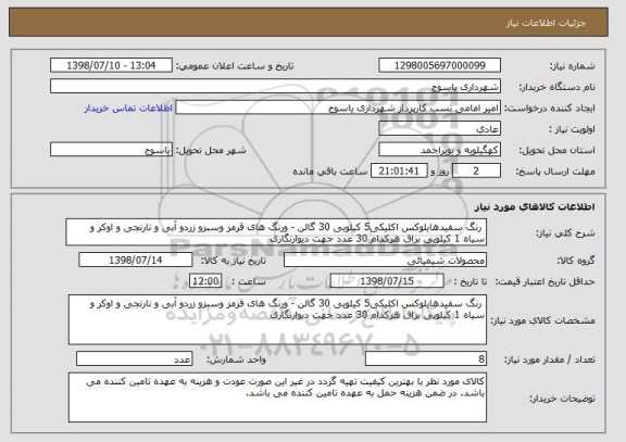 استعلام  رنگ سفیدهایلوکس اکلیکی5 کیلویی 30 گالن - ورنگ های قرمز وسبزو زردو آبی و نارنجی و اوکر و سیاه 1 کیلویی براق هرکدام 30 عدد جهت دیوارنگاری