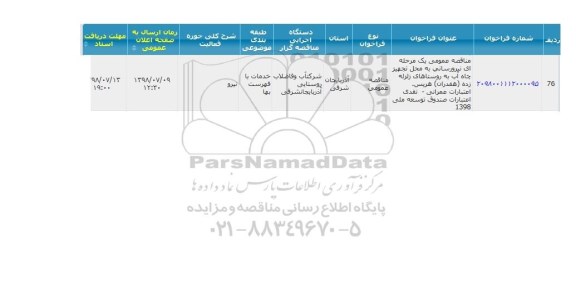 مناقصه , مناقصه نیرورسانی به محل تجهیز چاه آب به روستاهای زلزله زده