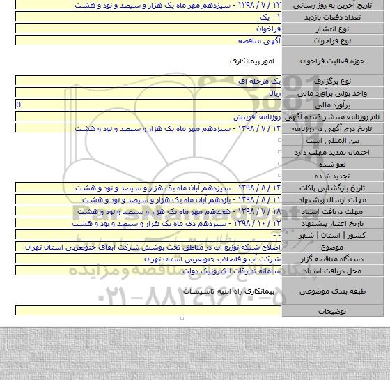 اصلاح شبکه توزیع اب در مناطق تحت پوشش شرکت ابفای جنوبغربی استان تهران