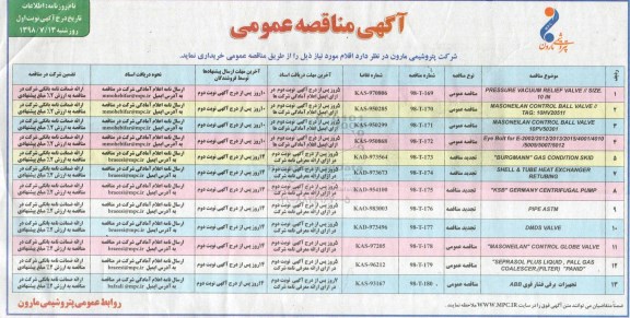 مناقصه، مناقصه PRESSURE VACUUM RELIEF VALVE و...