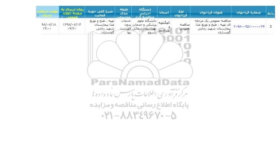 مناقصه, مناقصه عمومی یک مرحله ای تهیه ، طبخ و توزیع غذا 