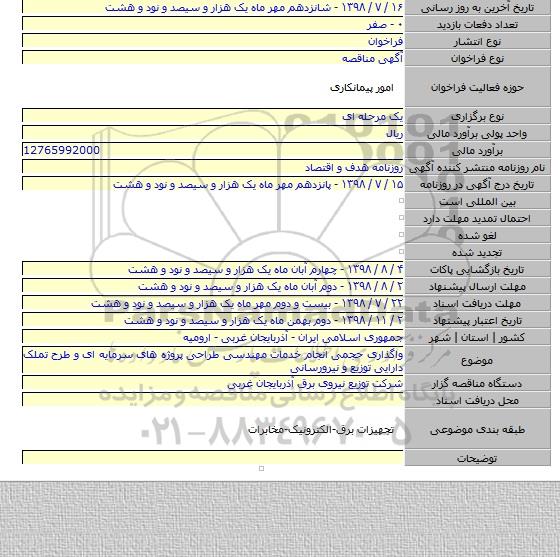 واگذاری حجمی انجام خدمات مهندسی طراحی پروژه های سرمایه ای و طرح تملک دارایی توزیع و نیرورسانی