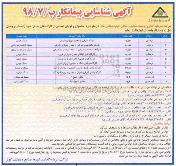 آگهی شناسایی پیمانکار ، آگهی شناسایی پیمانکار استخراج و فروش تعدادی از کارگاه های معدنی 