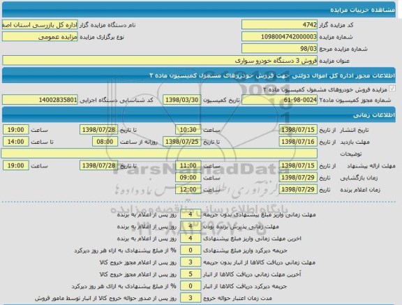 مزایده, مزایده فروش سه دستگاه خودرو سواری