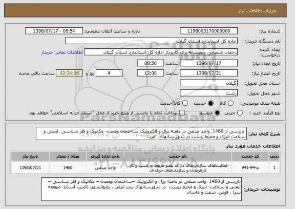 استعلام  بازرسی از 1460  واحد صنفی در دامنه برق و الکترونیک ساختمان ومعدن  مکانیک و فلز شناسی  ایمنی و سلامت انرژی و محیط زیست در شهرستانهای  غرب 