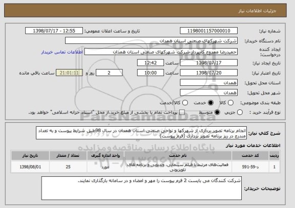 استعلام انجام برنامه تصویر برداری از شهرکها و نواحی صنعتی استان همدان در سال 98طبق شرایط پیوست و به تعداد مندرج در ریز برنامه تصویر برداری (فرم پیوست)