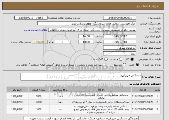 استعلام دستکش حریر ایران