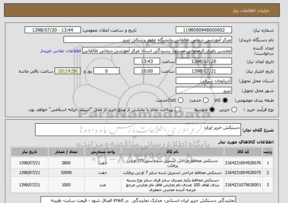 استعلام دستکش حریر ایران