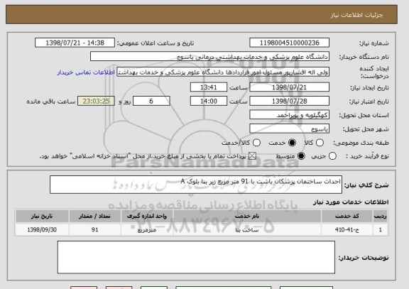 استعلام احداث ساختمان پزشکان باشت با 91 متر مربع زیر بنا بلوک A