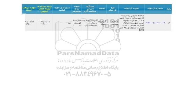 مناقصه , مناقصه نیرورسانی به محل تجهیز چاه آب