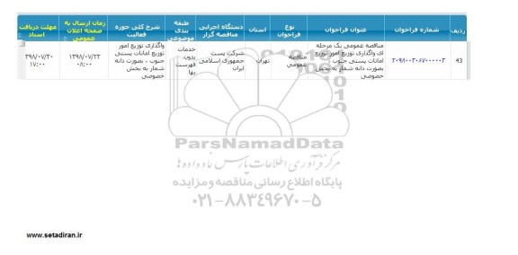 مناقصه , مناقصه واگذاری توزیع امور توزیع امانات پستی