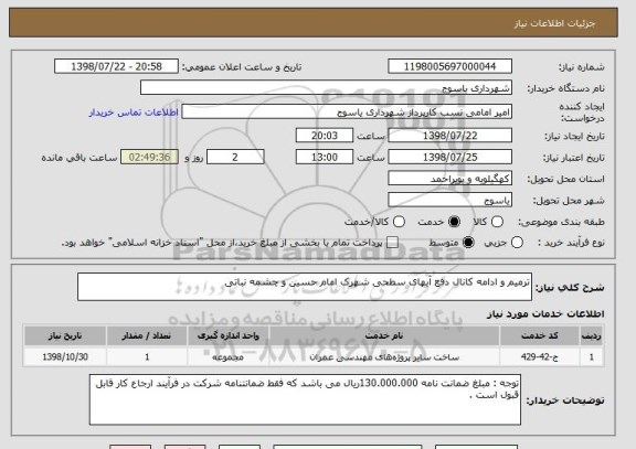 استعلام ترمیم و ادامه کانال دفع آبهای سطحی شهرک امام حسین و چشمه نباتی 