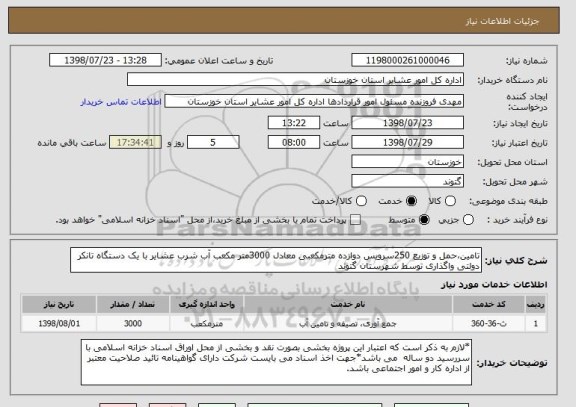 استعلام تامین،حمل و توزیع 250سرویس دوازده مترمکعبی معادل 3000متر مکعب آب شرب عشایر با یک دستگاه تانکر دولتی واگذاری توسط شهرستان گتوند