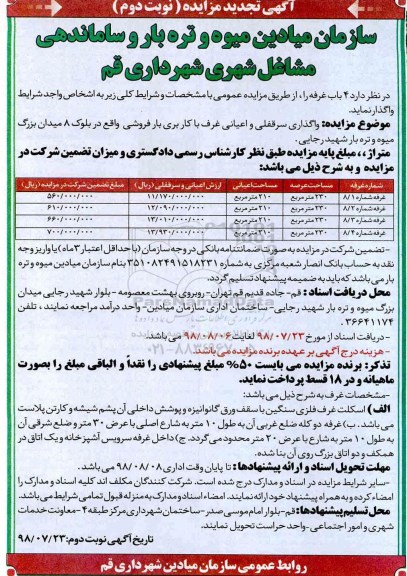 اگهی تجدید مزایده , مزایده واگذاری 4 باب غرفه تجدید نوبت دوم 