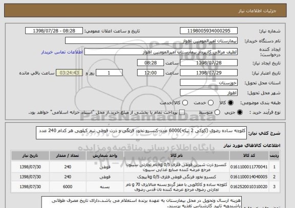 استعلام کلوچه ساده رضوی (کوکی 2 تیکه)6000 عدد-کنسرو نخود فرنگی و ذرت قوطی نیم کیلویی هر کدام 240 عدد