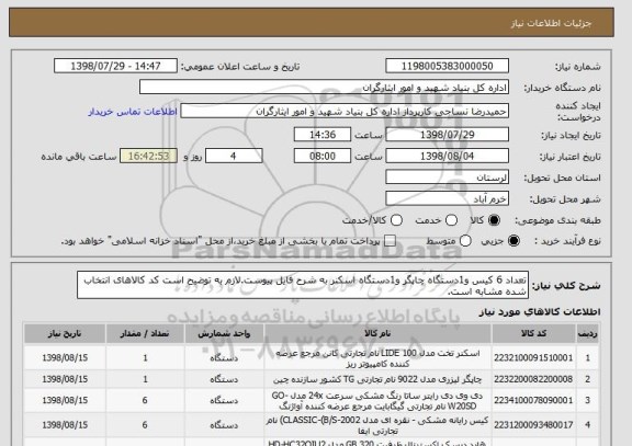 استعلام تعداد 6 کیس و1دستگاه چاپگر و1دستگاه اسکنر به شرح فایل پیوست.لازم به توضیح است کد کالاهای انتخاب شده مشابه است.