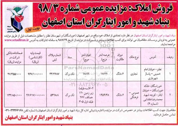 آگهی مزایده مزایده فروش تعدادی از املاک کاربری تجاری و عمومی نوبت اول