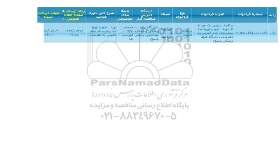 مناقصه  تهیه طبخ و توزیع غذا بیمارستان امام 