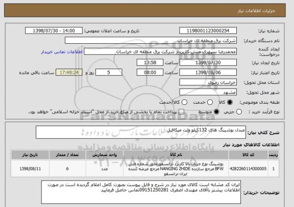 استعلام مبدل بوشینگ های 132کیلو ولت میکافیل 