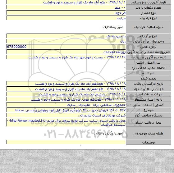 ۹۸۱۰۳۰۷۲۷ فروش حدود ۴۵۰۰ کیلو گرم انواع کابل الو مینیومی و مسی اسقاط