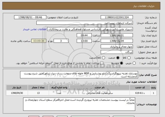 استعلام بهسازی تغذیه نیرووگراندینگ(تابلو روشنایی و MDP +لوله های سوخت رسان دیزل ژنراتور)طبق شرح پیوست
کدمشابه است