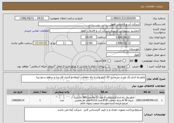 استعلام تابلو راه انداز تک ضرب دو مداره 22 کیلو وات با رله حفاظت جریان و کنترل فاز برنا و سطح سنج برنا