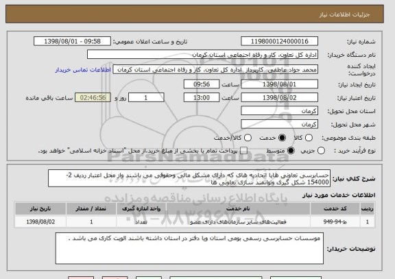 استعلام حسابرسی تعاونی هایا اتحادیه های که دارای مشکل مالی وحقوقی می باشند واز محل اعتبار ردیف 2-154000 شکل گیری وتوانمند سازی تعاونی ها