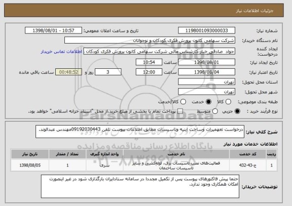 استعلام درخواست تعهمیرات وساخت ابنیه وتاسیسات مطابق اطلاعات پیوست تلفن 09192030443مهندس عبدالوند.