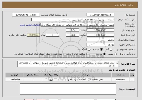 استعلام انجام خدمات متصدیان ایستگاههای آب و هواشناسی در محدوده عملکرد شرکت   سهامی آب منطقه ای بوشهر

