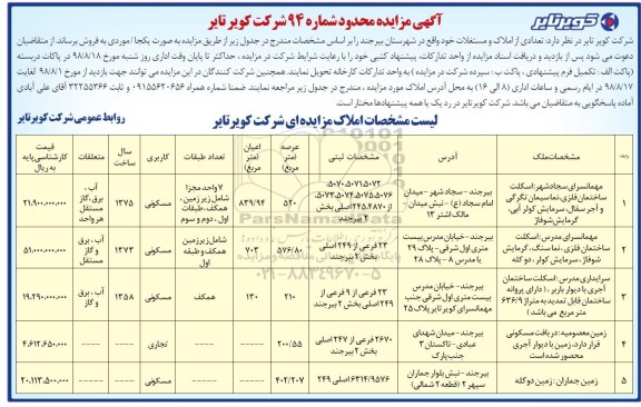 آگهی مزایده مزایده فروش املاک و مستغلات کاربری مسکونی و تجاری 