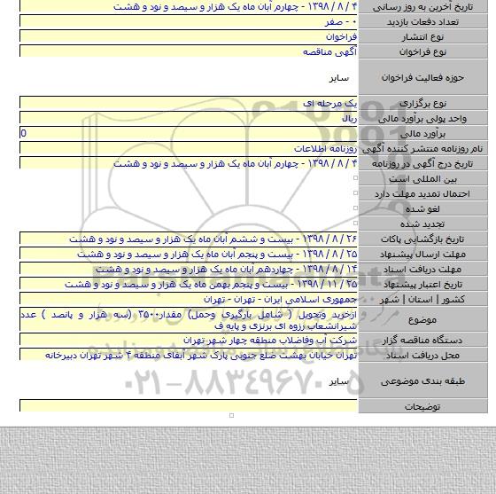 ازخرید وتحویل ( شامل بارگیری وحمل) مقدار۳۵۰۰ (سه هزار و پانصد ) عدد شیرانشعاب رزوه ای برنزی و پایه ف