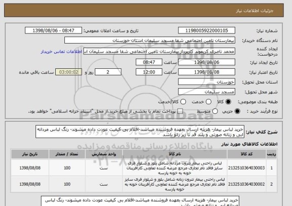 استعلام خرید لباس بیمار- هزینه ارسال بعهده فروشنده میباشد-اقلام بی کیفیت عودت داده میشوند- رنگ لباس مردانه ابی و زنانه صورتی و یلند قد تا زیر زانو باشد