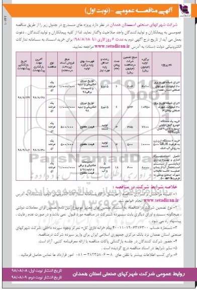 مناقصه عمومی , مناقصه واگذاری اجرای شبکه توزیع برق 20 کیلو ولت