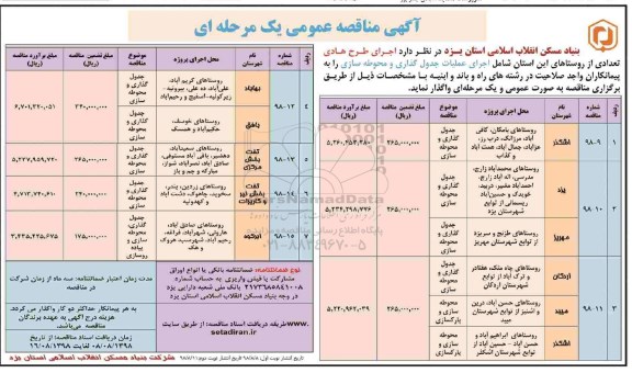 مناقصه عمومی, مناقصه  اجرای طرح هادی تعدادی از روستاها