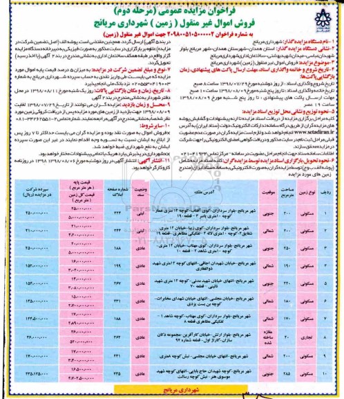 آگهی مزایده ، مزایده فروش زمین کاربری مسکونی مرحله دوم 