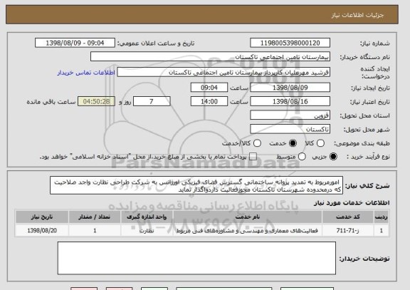 استعلام  امورمربوط به تمدید پروانه ساختمانی گسترش فضای فیزیکی اورژانس به شرکت طراحی نظارت واجد صلاحیت که درمحدوده شهرستان تاکستان مجوزفعالیت داردواگذار نماید