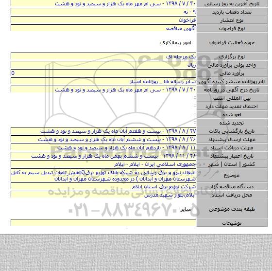 انتقال نیرو و برق رسانی به شبکه های توزیع برق(کاهش تلفات تبدیل سیم به کابل شهرستان مهران و آبدانان )  در محدوده شهرستان مهران و آبدانان