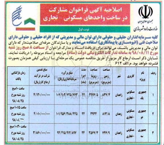 اصلاحیه فراخوان، فراخوان مشارکت در ساخت واحدهای مسکونی - تجاری 