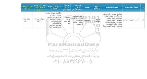 مناقصه، مناقصه عمومی یک مرحله ای واگذاری آماده سازی، طبخ و توزیع غذای بیماران ...