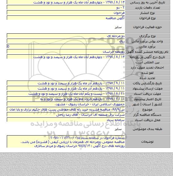 ش/۹۸/۹-  مناقصه فشرده خرید رله های حفاظتی پست های حکیم نزاری و بابا امان