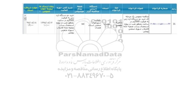 مناقصه عمومی , مناقصه خرید دو دستگاه ازن زنی به ظرفیت 500 گرم 