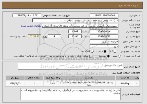 استعلام تامین غذای پرسنل