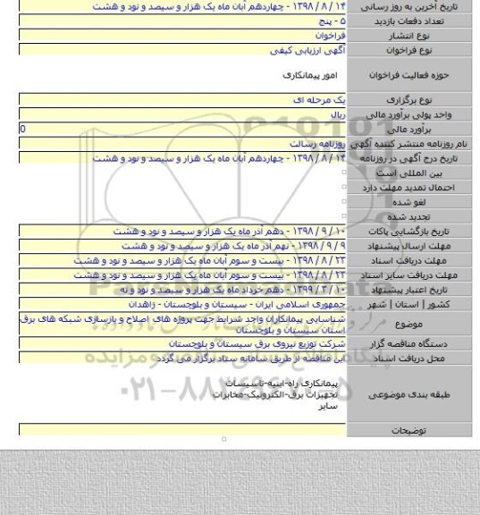 شناسایی پیمانکاران واجد شرایط جهت پروژه های اصلاح و بازسازی شبکه های برق استان سیستان و بلوچستان