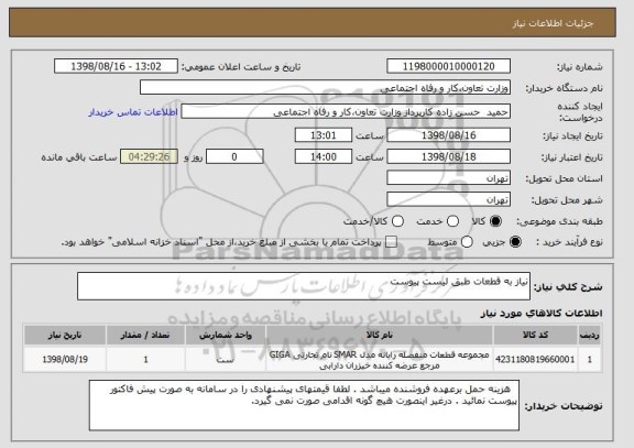 استعلام نیاز به قطعات طبق لیست پیوست 