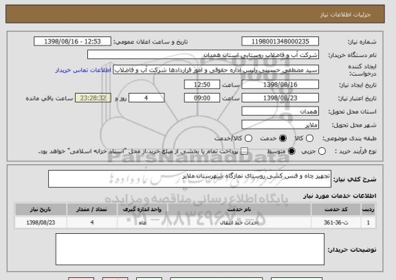 استعلام تجهیز چاه و فنس کشی روستای نمازگاه شهرستان ملایر