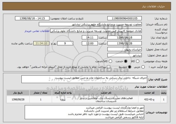 استعلام اجرای شبکه  داخلی برق رسانی به ساختمان مادر و جنین مطابق لیست پیوست