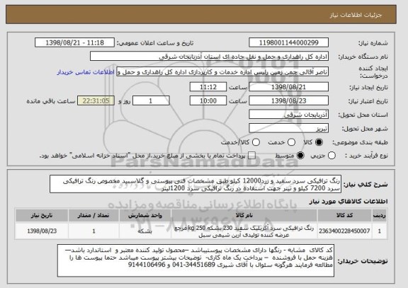 استعلام رنگ ترافیکی سرد سفید و زرد12000 کیلو طبق مشخصات فنی پیوستی و گلاسبید مخصوص رنگ ترافیکی سرد 7200 کیلو و تینر جهت استفاده در رنگ ترافیکی سرد 1200لیتر