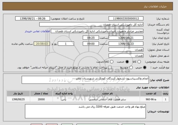 استعلام انجام واکسیناسیون نشخوار کنندگان کوچک در شهرستان ملایر 