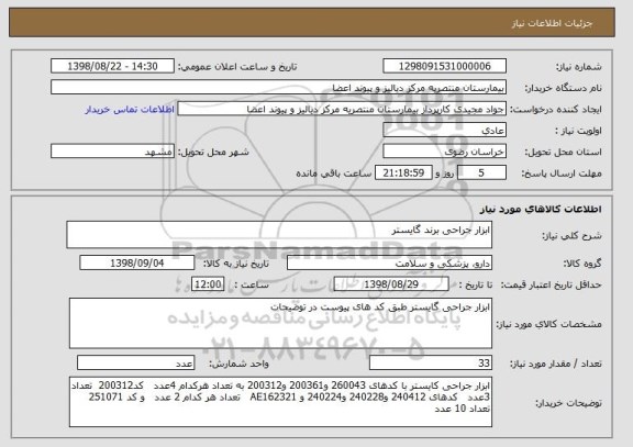 استعلام ابزار جراحی برند گایستر 